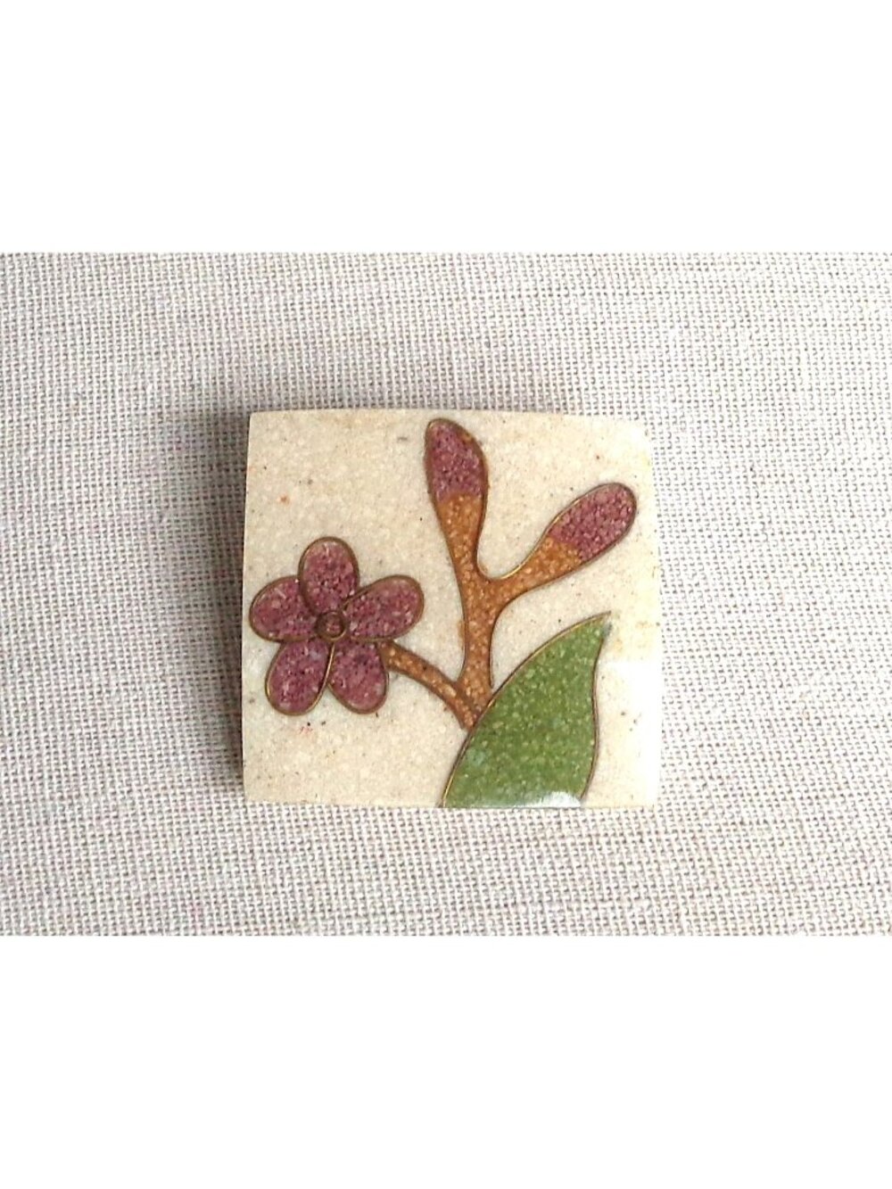 Vtg Multicolor Floral Crushed Stone Inlay Resin? Tile Brooch Square 1.75" Unique
